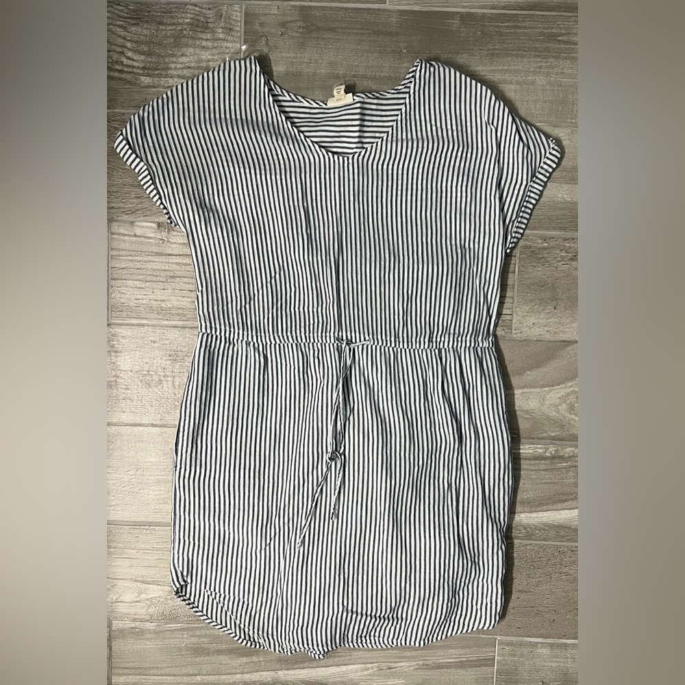 Summer blue and white stripped drawstring dress